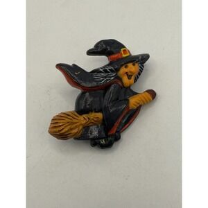 Hallmark Halloween Witch Brooch Flying Broom Vintage Figural Pin Black Orange